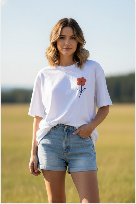 Red Blossom White Oversized T-Shirt