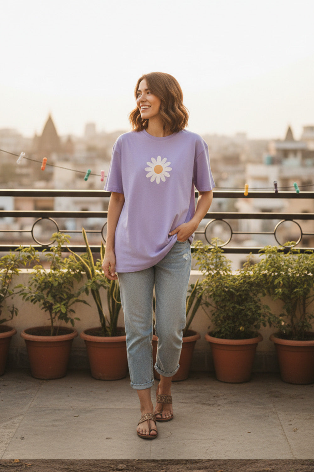 Lavender Daisy Casual Oversized T-Shirt